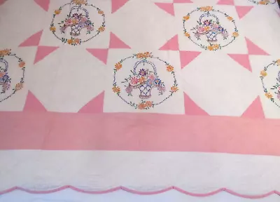 Cottage Chic~BEST Pink White Vintage Quilt Embroidered Flower Baskets~10spi !! • $199.99