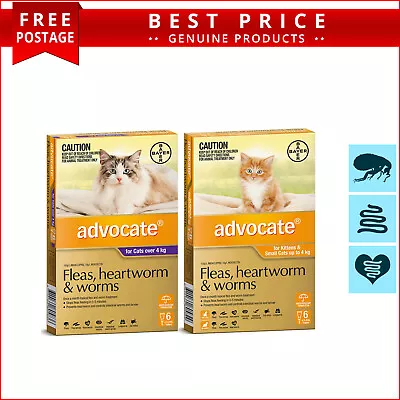 ADVOCATE 6 Doses For Cats All Sizes Monthly Heartworm Flea Worm Prevention • $79.93