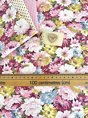 100% Cotton Poplin Fabric Floral Flowers Vintage Blue Pink Rose & Hubble • £7.87