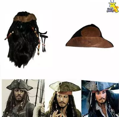 Cosplay Pirates Of The Caribbean Captain Jack Sparrow Brown Wig Hat Beard Prop • $17.34