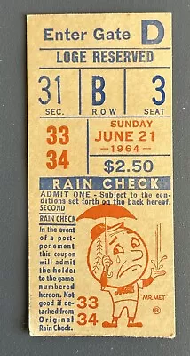 June 21 1964 New York Mets Ticket Stub Vs Phillies - Jim Bunning Perfect Game • $675