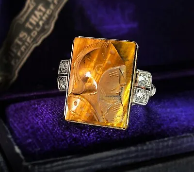 Estate ART DECO Men’s Ring TIGER'S EYE CAMEO KNIGHT WARRIOR 14K Gold & Sterling • $174.99