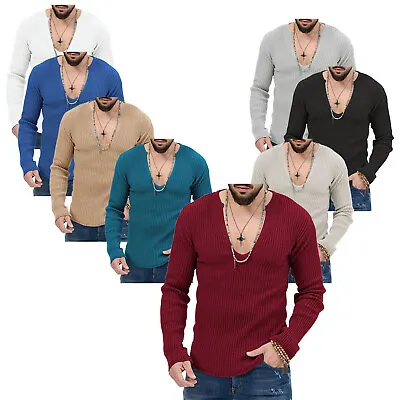 Men's Ribbed Long Sleeve T-shirt Tops Solid Color Slim Fit V Neck Pullover • $4.99