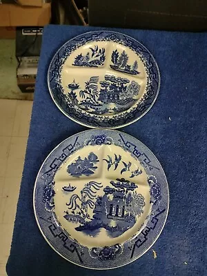  2 Vintage Moriyama Occupied Japan Blue Willow 3 Part Divided Plate 10.5  • $9.18