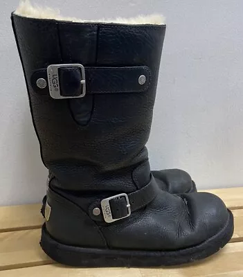 UGG Black Kensington Biker Boots Shearling Lined Leather Moto Buckles Women’s 7 • £19.27