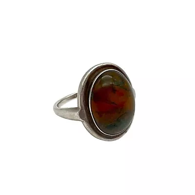 Vintage Amber Sterling Modernist Ring Moss Organic Matter Inclusions Size 7.75 • $80