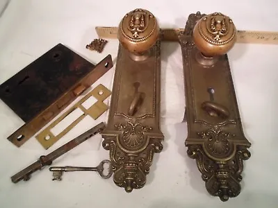 Antique Cast Brass Door Knob Set Reading Plates  Lock Thumb Turn AND Key #900 • $480