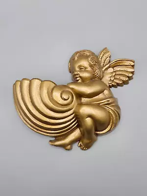 Vintage 1988 Burwood Prod. Cherub Angel Wall Pocket Planter Seashell Shell Gold • $15