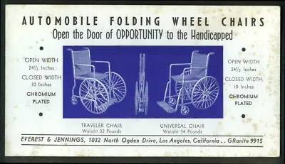 Automobile Folding Wheel Chairs Everest & Jennings LA CA Blotter 1940s • $9.99