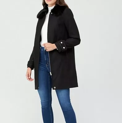 V By Very Zip Coat With Faux Fur Collar - Black Women’s Winter Warmer UK 10 • £29.99