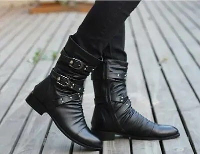 Fashion Biker Mens Punk Pleated Rivets Buckles Pointy Toe Ankle Boots Shoes Size • $36.99