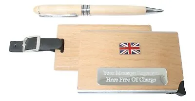Union Jack Wood Card Holder Luggage Tag & Pen Set Personalised 383 • £29.99
