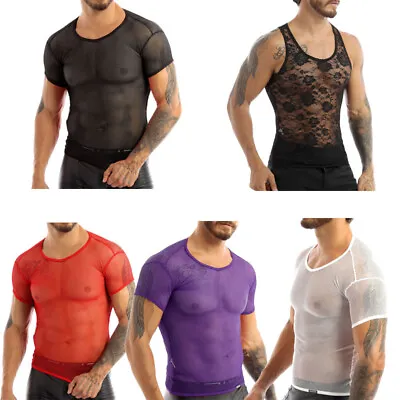 Mens Mesh See Through Tank Vest Shirt Fishnet T-Shirt Muscle Crop Top Clubwear • £8.39