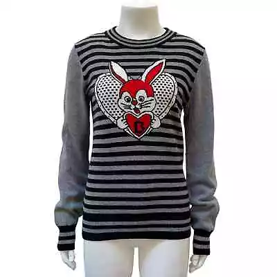 Bea Yuk Mui Women's Cashmere Stripe Bunny Print Sweater Gray Black Size Large • $38