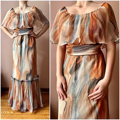 Vintage 70s Dress - Miss Elliette Ruffled Orange Abstract Formal Maxi Gown • $111