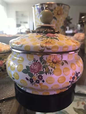 MacKenzie-Childs Buttercup Yellow Polka Dots And Roses Squash Pot Catchall Jar • $80