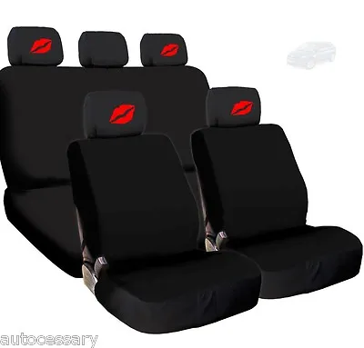 For Mazda New 4X Red Lips Logo Headrest And Black Fabric Seat Covers  • $37.68