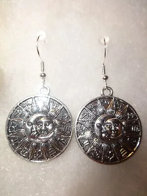Cresent Moon Sun Symbols Earrings Handmade Bohemian 925 Sterling Silver Hooks • $6
