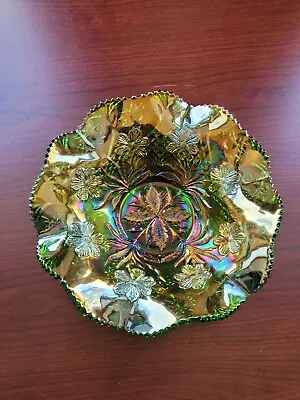 Very Pretty Green Millersburg Carnival Glass Primrose Ruffled Bowl LOOK COLOR!!! • $145