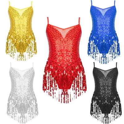 Girls Tango Latin Dress Sequin Tassel Ballroom Samba Rumba Jazz Dance Leotard • £12.47