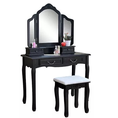Tri-fold Mirror Dressing Table Desk 4 Drawers Stool  Dresser Set Bedroom Black • $190.98