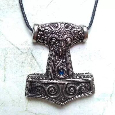 Viking Blue Skane Mjolnir Thor's Hammer Pendant Cord Necklace Asgard Pewter • £28