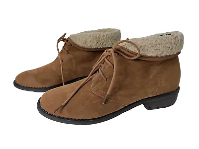 Womens Cotton Traders Uk 8 Tan Brown Suede Fleece Trim Lace Up Heel Ankle Boots • £11.99