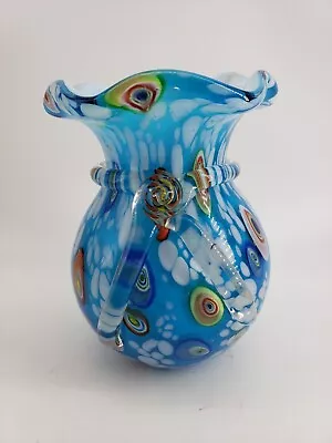 Studio Art Glass Millefiori Blue Vase Cased Over White Glass  5 1/4in Tall • $45