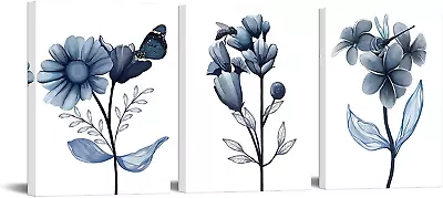 3 Piece Canvas Wall Art Navy Flower Painting Art Prints Blue Floral With Butterf • $50.99