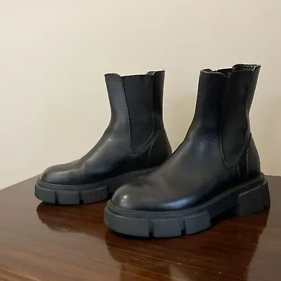ZARA Black Size EU37 UK4 Chunky Utility Ankle Boots Leather Platform Chelsea • £17.99