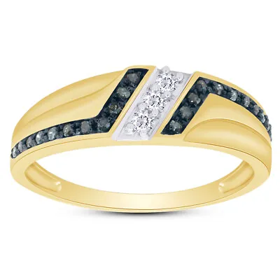 1/5 Ct Blue & White Diamond Wedding Band Mens Ring Comfort Fit 10K Yellow Gold • $415.79