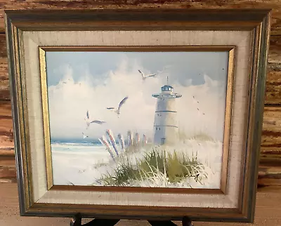 Vintage Art Painting Seascape Lighthouse Seagulls Dunes Beach Decor Signed • $44