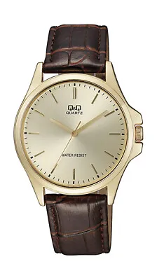  Q&Q $115 MENS Watch CLASSIC GOLDGOLD DIAL BROWN LEATHER STRAP WATCH QA06J100Y • $21