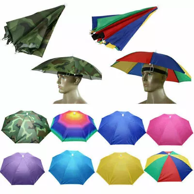 Portable Sun Umbrella Hat Camping Fishing Headwear Cap Head Hat Travel Outdoor. • £8.89