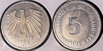 Germany 1988 F 5 Deutsche Mark KM-140.1 Copper-nickel Clad Nickel AUNC #12 • $14.88