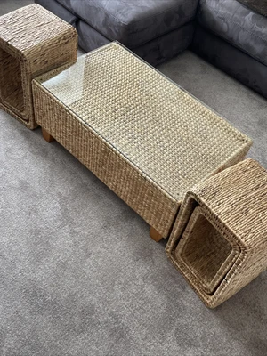£25 • Buy Vintage/Retro Glass Top Wicker Coffee Table With Side Boxes - Collection Only
