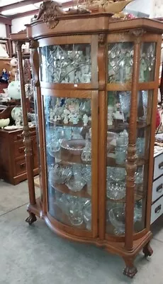 Antique Tyger Oak China Curio Hutch-Beautiful-Bowed Glass • $2250