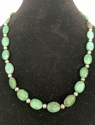 Vintage Green Turquoise Nuggets  Necklace Silver Tone Alternate Metal Bead 52g • $35