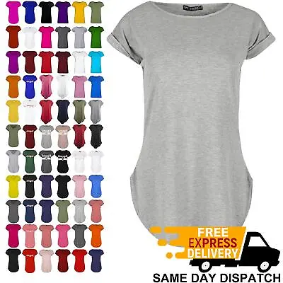 Womens Curved Hem Jersey Plain Top Ladies Round Neck Turn Up Cap Sleeve T Shirt • £5.49