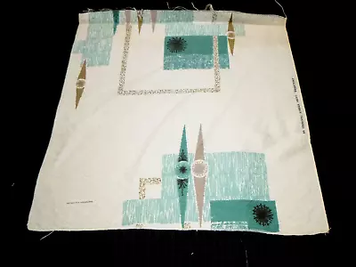 Vtg Barkcloth Era Atomic Drapery Fabric Sample Starbursts Aquamarine 23  X 22.5  • $29