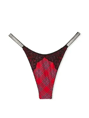 Victoria's Secret Red Lacy Plaid Shine Strap V-String Panties L Rhinestones NWT • $32.99