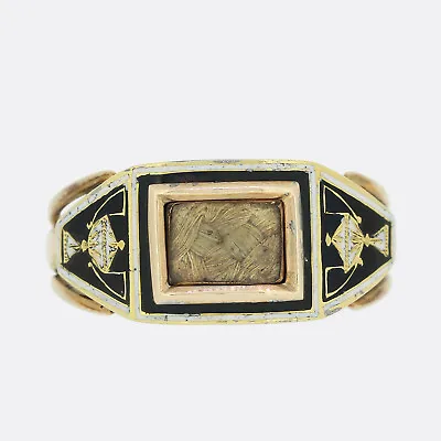 Antique Gold Ring - Early Victorian Hair Locket Black Enamel Mourning Ring 15ct • £1375