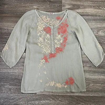 Johnny Was Tunic Embroidered Coral Peach Floral Tan Olive 3/4 Sleeves Women’s XS • £52.04