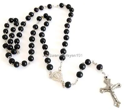 Mans Black Wooden Rosary Necklace Beaded Chain Crucifix • $5.75