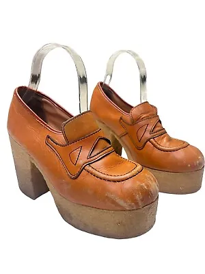 Vtg 70s Platform Heels Shoes 7 7 1/2 Crepe Rubber Apricot Orange Flaws* As Is • $117.94