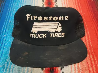 Vintage 80's Firestone Truck Tires Trucker Snapback Hat Cap Black Puff Print USA • $14.99