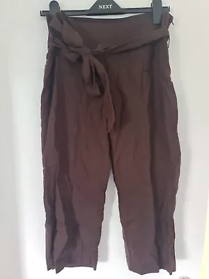 H&M Brown Linen Cotton Blend Cropped Trousers Size 12 BNWT Shorts Tie Belt • £3.99