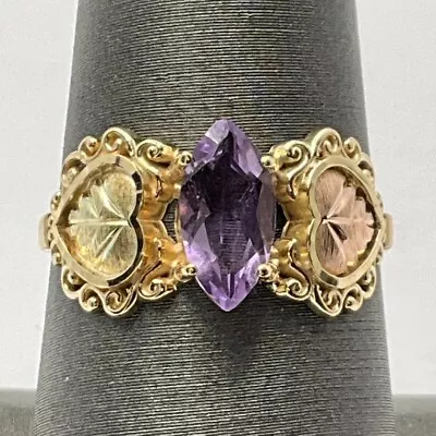 10k Tri-Color Gold Marquise Cut Amethyst Grape Leaf Fashion Ring Sz 8 (8PO-2612) • $189