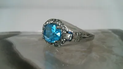 Mens Silver Plated Brilliant Aquamarine Zircon Ring Size 12 • $19.99
