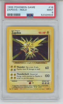 $34 • Buy 1999 Pokémon TCG Zapdos Base Set 16/102 Holo Unlimited Holo Rare PSA 9
